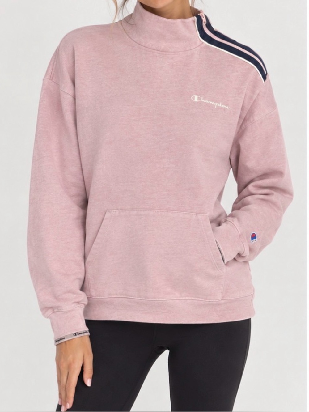 Champion Pink Half-Zip Cowl Neck Mock Neck Pullover with Navy Trim